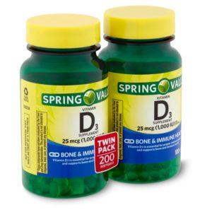 Spring Valley Vitamin D3 Softgels, 25mcg, 1,000 IU, 100 Count, 2 Pack