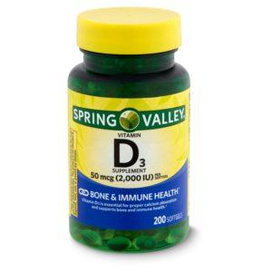 Spring Valley Vitamin D3 Supplement, 50 Mcg (2,000 IU), 200 Count