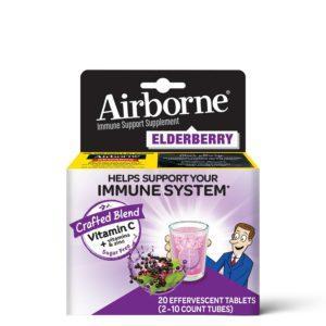 Airborne Elderberry Effervescent (20 Count), Immune Support Supplement With Zinc And Vitamins C, D And E, Gluten Free