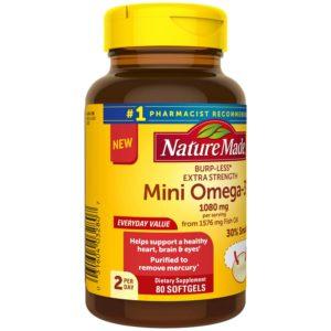Nature Made Fish Oil Burp-Less Extra Strength Mini 1080 Mg Omega-3 Supplement, 80 Count