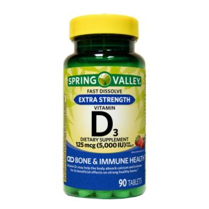 Spring Valley Extra Strength Vitamin D3 Tablets, 125 Mcg (5000 IU), Strawberry Flavor, 90 Ct