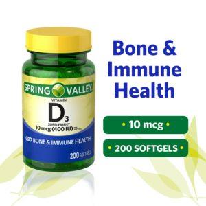 Spring Valley Vitamin D3 Supplement, 10 Mcg (400 IU), 200 Count