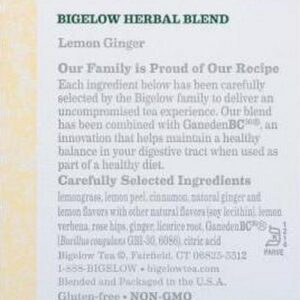 Bigelow Herbal Tea, Lemon Ginger Plus Probiotics, Tea Bags, 18 Count